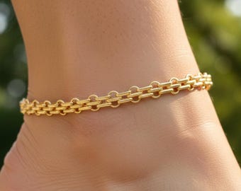 Gold Link Anklet Bracelet, Simple Gold Anklet, Elegant Chain Anklet, Adjustable Ankle Jewelry, Minimalist Summer Anklet, Vacation Beach Wear