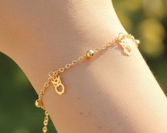 Gold Owl Charm Bracelet, Dainty Beaded Bracelet for Women, Minimal Boho Summer Beach Bracelet, Delicate Layering Bracelet, Animal Lover Gift