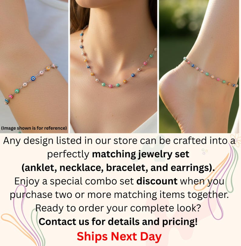 May include: A jewelry set featuring a necklace, bracelet, and anklet, each adorned with colorful beads. The beads include blue, pink, and yellow accents. The jewelry is displayed on a wrist, neck, and ankle.