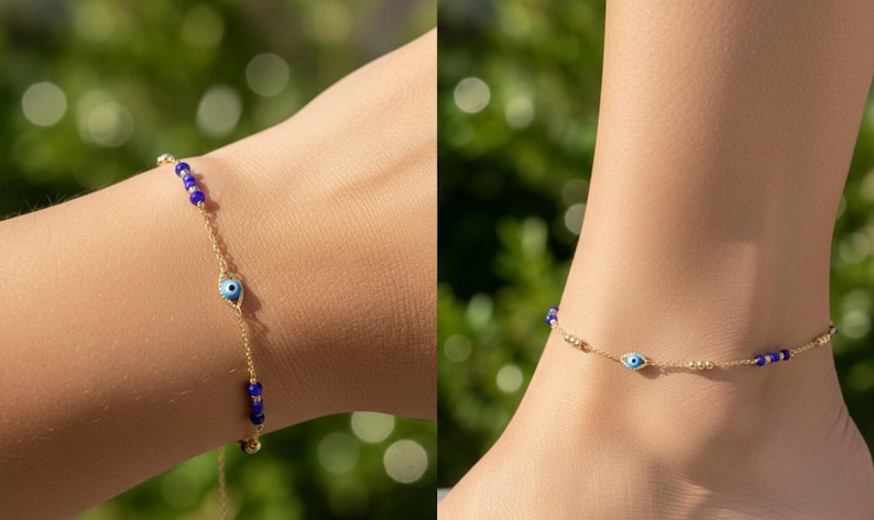 May include: A delicate gold chain bracelet and anklet featuring small, vibrant blue beads and a central evil eye charm. The evil eye charm is designed with a light blue iris, a black pupil, and a white background, set within a gold-toned frame.