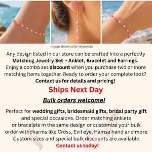 May include: A jewelry set consisting of a gold-tone chain anklet, a gold-tone chain bracelet, and a pair of drop earrings, each featuring small, round, pink evil eye beads with a central dark pupil and a white iris, connected by thin gold links.