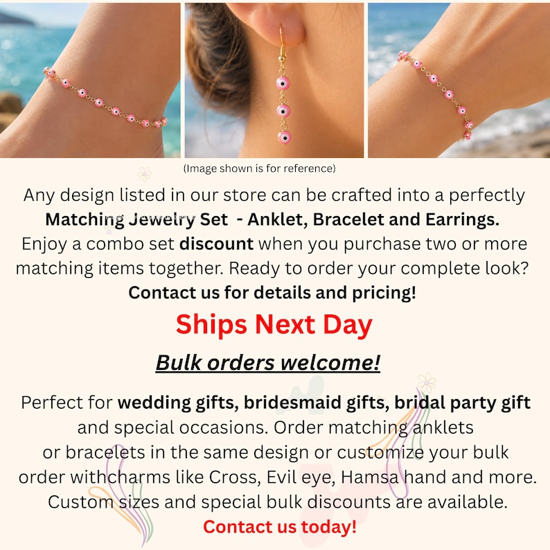 May include: A jewelry set consisting of a gold-tone chain anklet, a gold-tone chain bracelet, and a pair of drop earrings, each featuring small, round, pink evil eye beads with a central dark pupil and a white iris, connected by thin gold links.