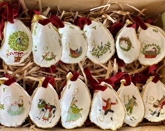 12 Days of Christmas Oyster Shell Ornaments – Hand-Painted Coastal Holiday Decor, Set of 12, Handmade Gift