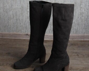 Vintage Dark Brown Suede Woomen Tall Boots Size EU 37 UK 4 1/2