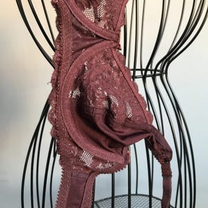 May include: A burgundy lace bra with adjustable straps and a hook and eye closure.
