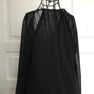 May include: A black sheer long-sleeved blouse with a V-neckline.