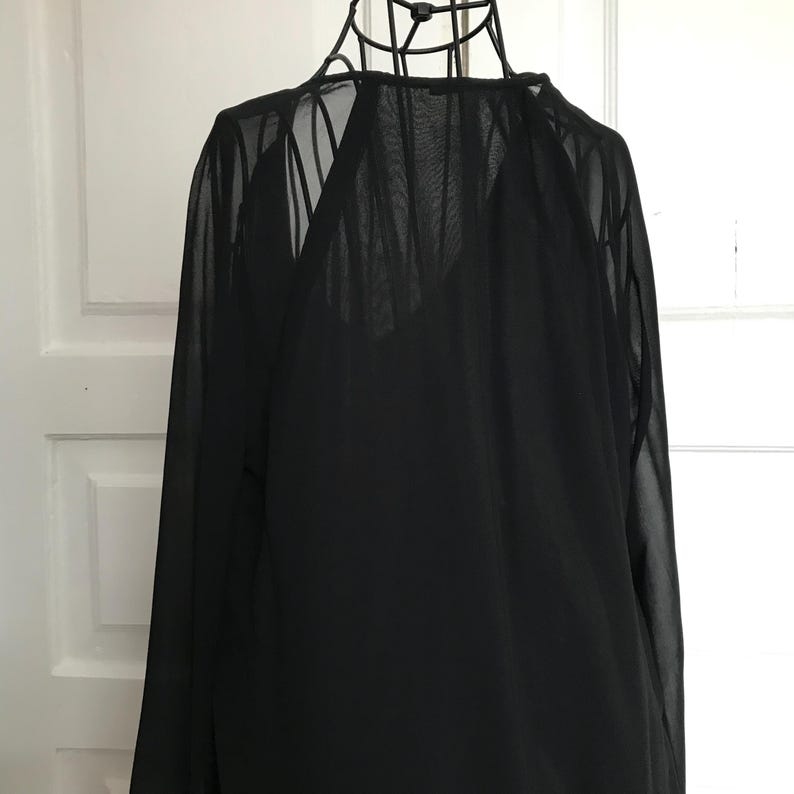 May include: A black sheer long-sleeved blouse with a V-neckline.