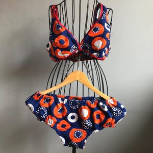 Vintage Cotton Swimsuit, Geometric Print Bikini Size EU40-42 for height 170 cm - 174 cm