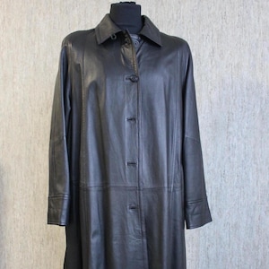 Long Black Genuine Leather Coat Size XL, Vintage Clothing for Men
