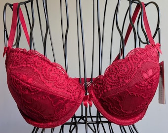 Reggiseno push-up rosso taglia EU 75C, UK 34C, FR 90C, abbigliamento vintage MAI INDOSSATO