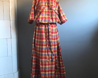 Kariertes Baumwollkleid Gr 42, Vintage Sommer Regenbogen Kleid