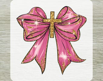 Glitter Coquette Cross Bow DTF Transfer, Jesus Christian Shirt Design Ready To Press