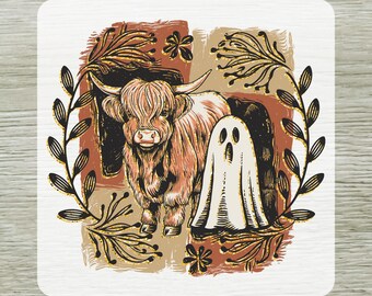 Fall Highland Cow Ghost DTF Transfer, Halloween Spooky Season Ready To Press, Rustic Autumn Cow Shirt Print Iron on