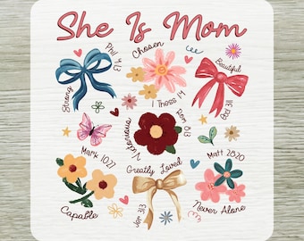 She Is Mom Floral DTF Transfer : Boho Floral Mama Coquette Bow Sirt Design Prêt à presser