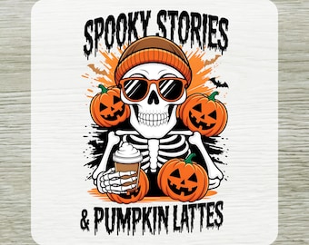 Spooky Halloween Skeleton DTF Transfer, Pumpkin Latte Ready Yo Press, Halloween Coffee Direct to Film Transfers