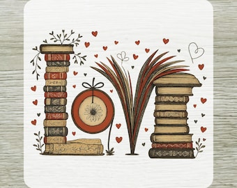Book Lover Love DTF Transfer, Stacked Books Floral Heart Design Reading Aesthetic Ready To Press