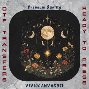 Celestial Moon & Flowers DTF Transfer: Boho Mystic Design, Ready To Press