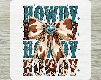 Cowhide Howdy Bow DTF Transfer Ready To Press, Turquoise Western Country Girl Heat Press Iron on