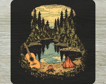 Vintage Forest Lake Camp Guitar DTF Transfer, Outdoor Camping Adventure Ready To Press