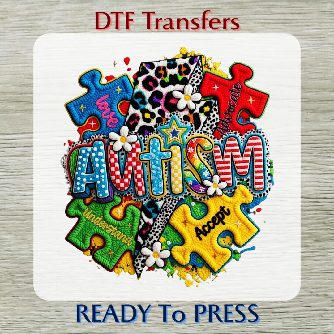 Faux Yarn Colorfu Puzzle DTF Transfer, Autism Awareness Ready to Press ...