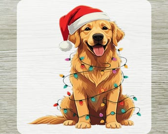 Golden Retriever Christmas DTF Transfer, Xmas Dog Santa Hat Lights Ready To Press, Festive Holiday Dog Lover Shirt Print Iron on