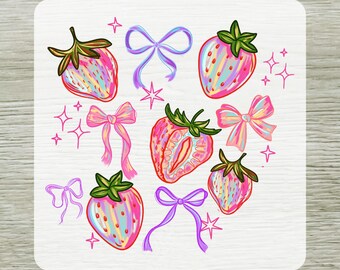 Watercolor Strawberry Bow DTF Transfer, Coquette Summer T-Shirt Design Ready To Press