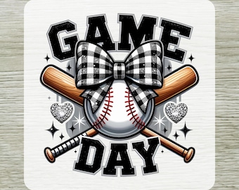 Game Day Baseball Coquette DTF Transfer: Glitter Checkered Bow Ready To Press
