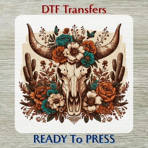 Transfert floral DTF crâne de taureau : prêt à presser, design bohème cow-girl, western, Far West, sud-ouest, fleurs sauvages, Rpdeo