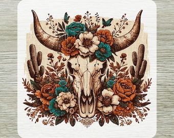 Boho Floral Cow Skull DTF Transfer, Western Cow Skull Ready to Press, Rustic Wild West Design