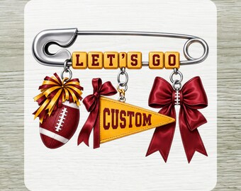 Custom Let’s Go Mascot DTF Transfer, School Football Mascot Ready to Press, Personalized Team Spirit Shirt Print, Safety Pin Charm Iron on