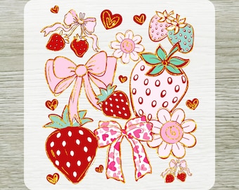 Glitter Strawberry Coquette DTF Transfer, Ready To Press Boho Floral Summer Bow Tshirt Design