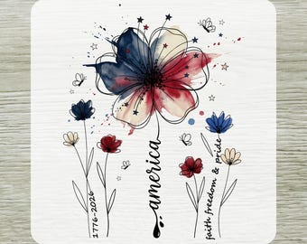 Boho Floral USA 250 Years DTF Transfer Ready To Press, 4th Of July Patriotic Flower Design Heat Press Transfers