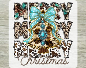 Western Cowhide Merry Christmas DTF Transfer, Glitter Xmas Tree Turquoise Coquette Ready to Press