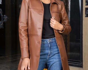 Handmade Women’s Black Leather Car Coat – 3/4 Length Genuine Leather