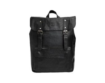 Handmade Black Cow Leather Backpack – Personalized Vintage Travel Bag