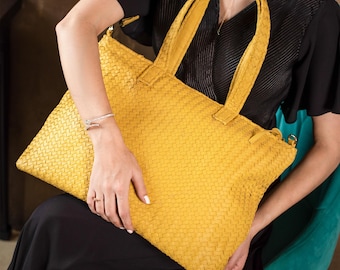 Handwoven Yellow Leather Tote – Handmade Shoulder Bag
