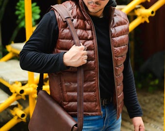 Handmade Men's Genuine Leather Brown Puffer Vest with Removable Hood