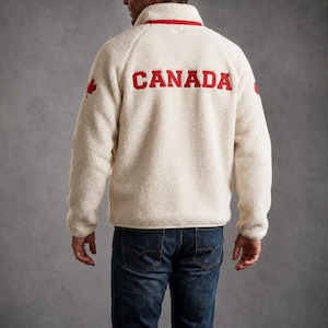 Personalisierte Sherpa-Jacke aus Kanada – Winter-Teddy-Fleecemantel mit Stickerei, weiß, Unisex