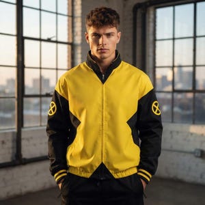 Peut inclure: Une veste zippée jaune et noire dotée d'un col montant, de manches longues avec poignets côtelés et d'un emblème circulaire jaune X-Men sur chaque manche. La veste présente une fermeture éclair centrale et un design bicolore avec des panneaux latéraux noirs.