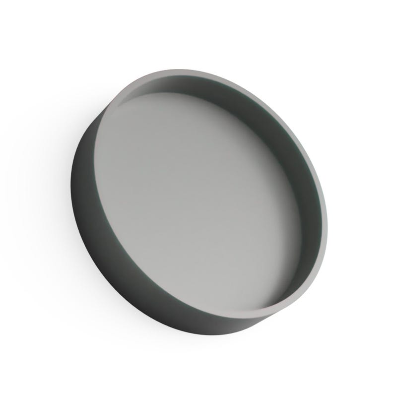May include: A gray, circular tray with a raised edge. The tray is a solid color and appears to be made of a smooth material. The design is minimalist and modern, suitable for serving or display.