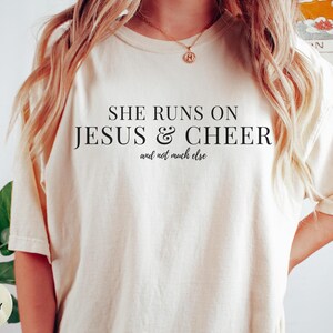 She Runs on Jesus and Cheer Shirt, Comfort Colors Christian Cheerleader Tee, Faith Cheer Mom Gift