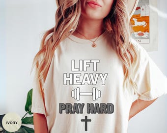 Lift Heavy Pray Hard Christian Fitness Shirt, Workout Gym Tee, Dumbbell Cross Motivational Faith Apparel, Gift for Believers