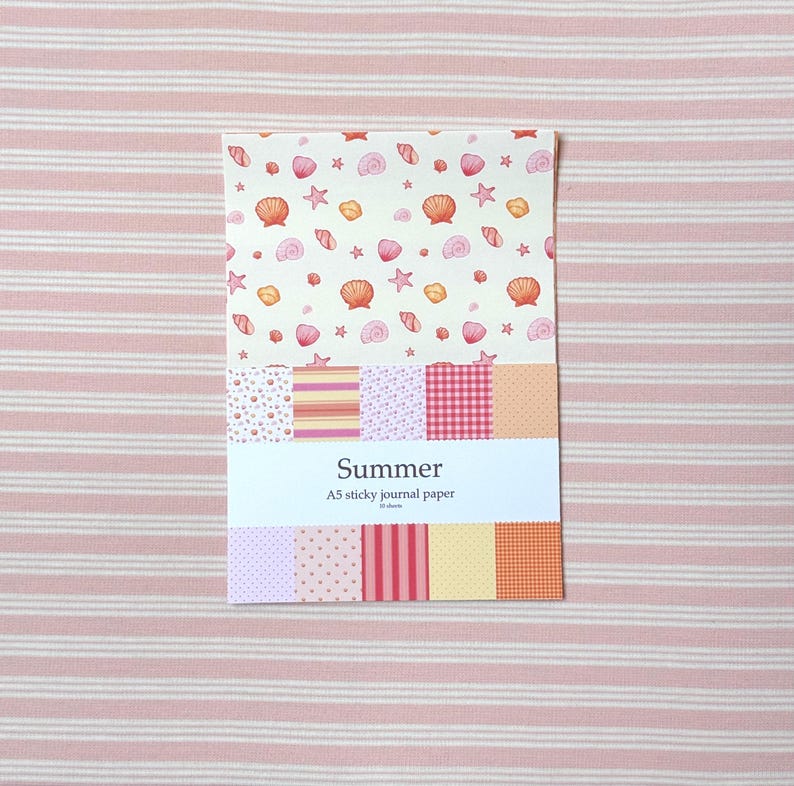Sticky journal summer set | scrapbook paper, design paper, background paper, seashells, dots, pink, stripes, orange, yellow image 2