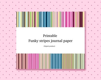 May include: A rectangular sheet of printable journal paper featuring a pattern of vertical stripes in various colors including pink, blue, green, yellow, and brown. The center white area contains the text: Printable Funky stripes journal paper (Digital product).