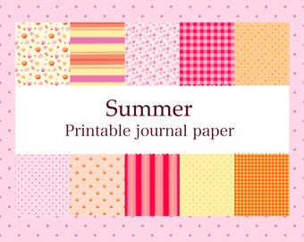 May include: A collection of ten digital patterns for printable journal paper, featuring motifs like seashells, stripes, gingham, and polka dots in shades of pink, yellow, and orange. The text Summer Printable journal paper is centered.