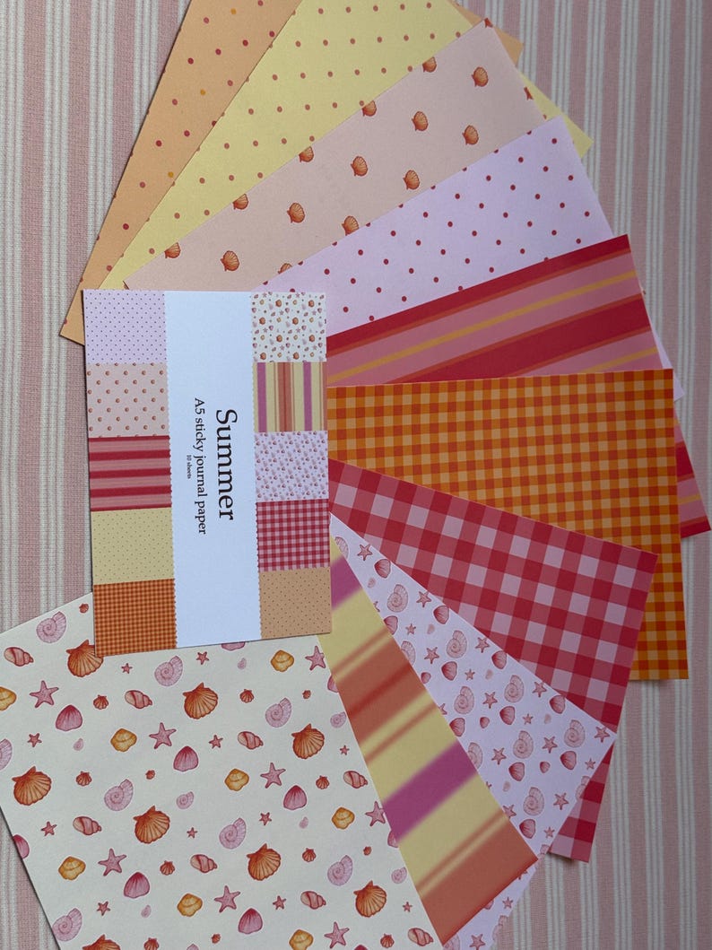 Sticky journal summer set | scrapbook paper, design paper, background paper, seashells, dots, pink, stripes, orange, yellow image 3