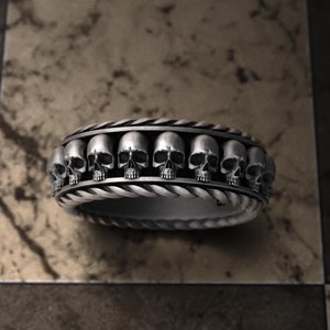 Handmade Sterling Silver Skull Ring, Gothic Biker Jewelry for Men & Women, Oxidized Silver Wedding Band, Skull Band Ring, Gift for Him