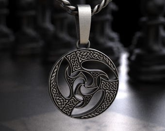 Sterling Silver Triskelion Odin Horn Pendant, Celtic Knotwork Triquetra Charm