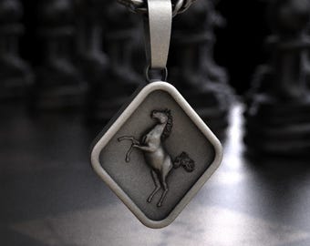 Sterling Silver Rearing Horse Diamond Tag Pendant Necklace, Prancing Stallion Heraldic Equestrian Coin Charm, Horse Lover Equestrian Jewelry