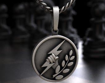 Sterling Silver Zeus Lightning Bolt Laurel Branch Medallion Pendant Necklace, Greek God Thunderbolt Fist Coin Charm, Mythology Power Jewelry